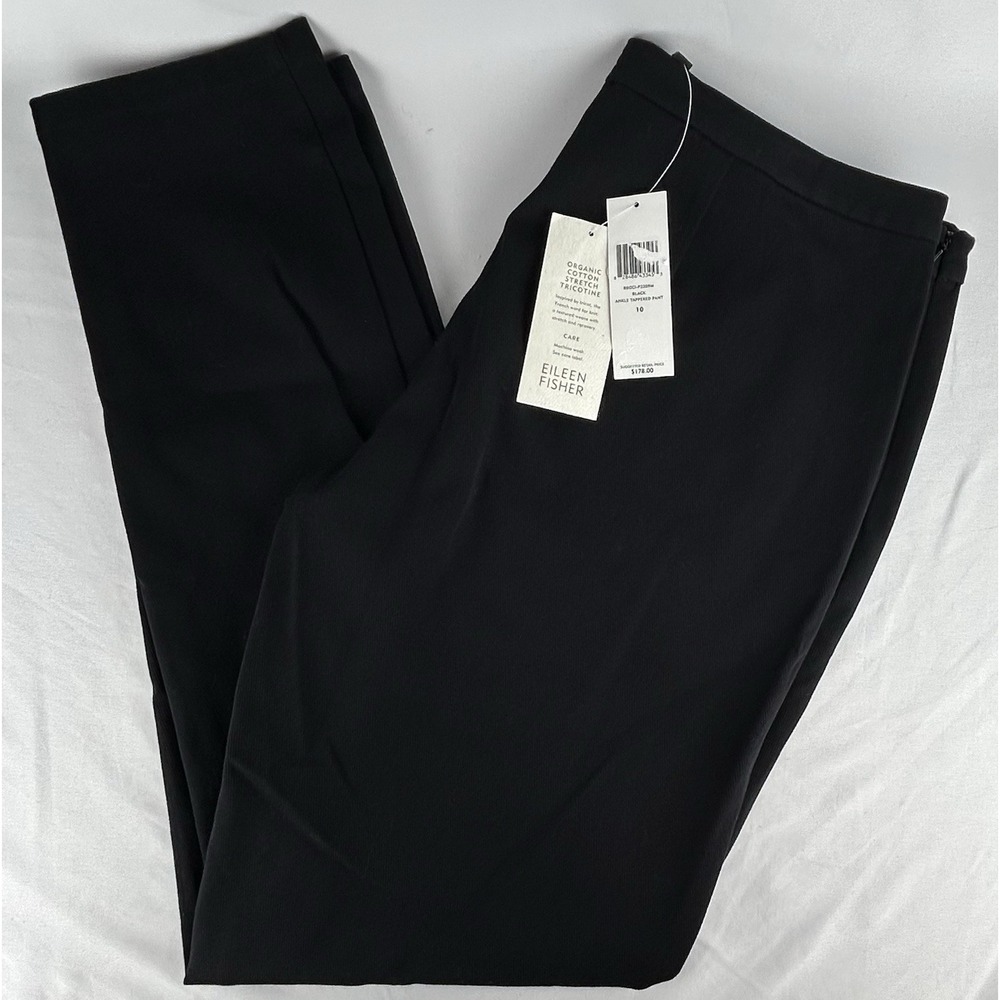 NWT Eileen Fisher Black Organic Cotton Ankle Tapered Pants Sz 10 Side Zipper